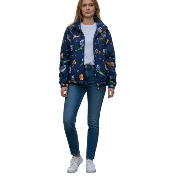 Obermeyer Iris Blue Floral Zip Front Insulated Ski Snowboard Hood Coat Women 12 - Picture 2 of 16